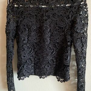Shein Black Lace Floral Long Sleeve Round Neck Zip Blouse S Embroidered